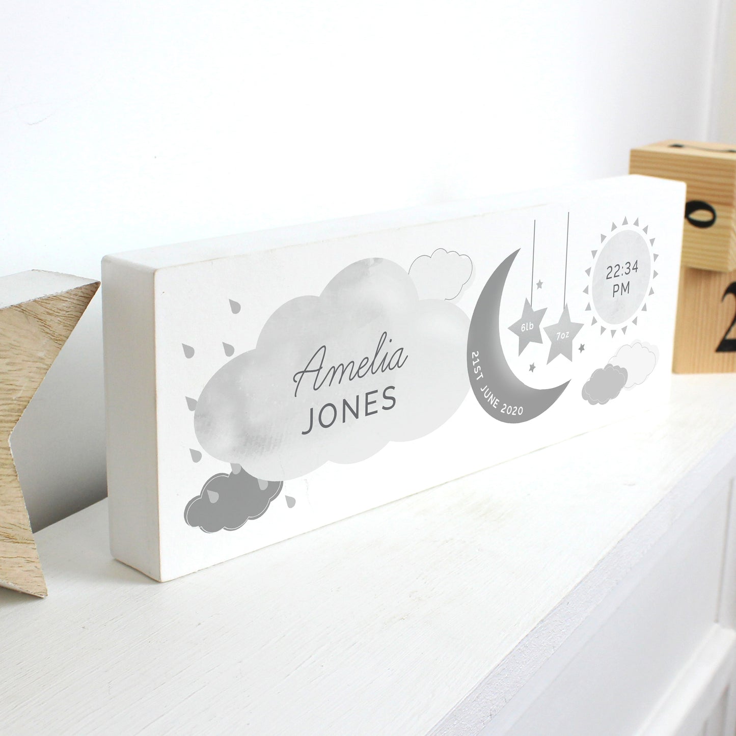 Personalised New Baby Moon & Stars Wooden Mantel Decoration