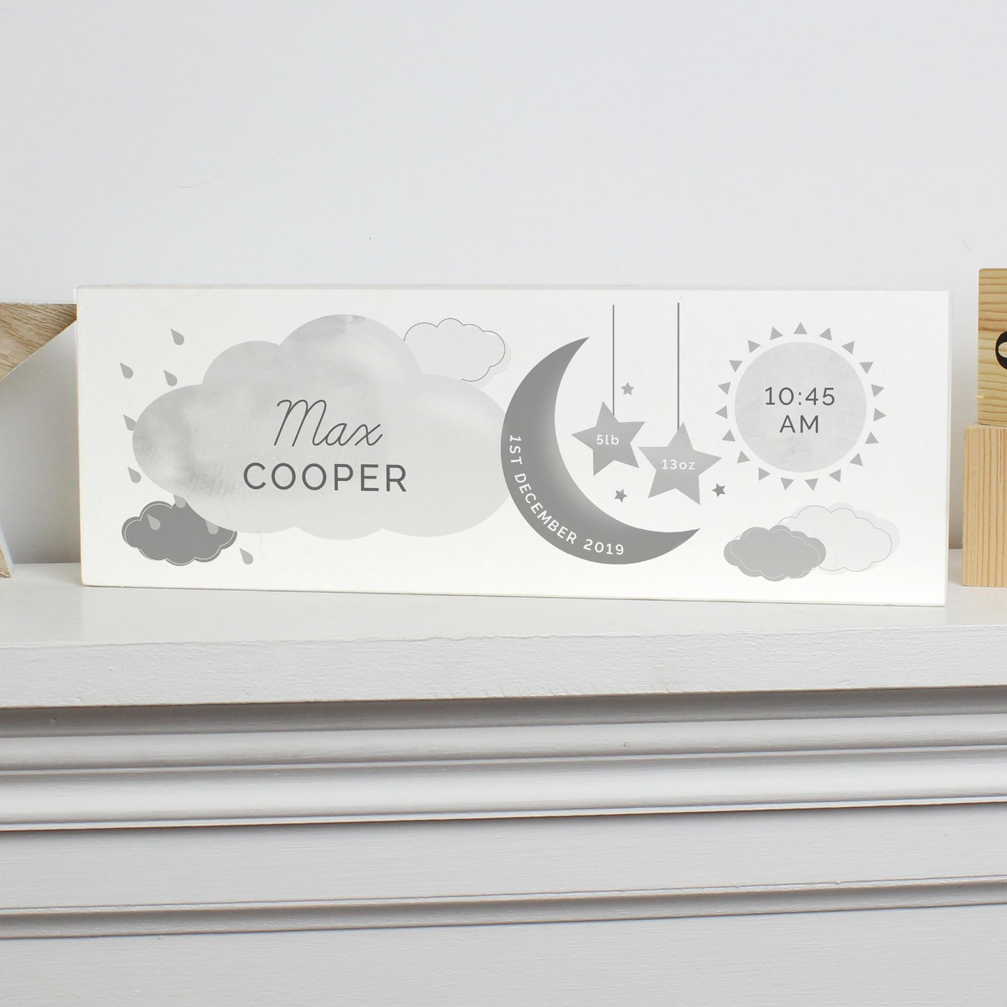 Personalised New Baby Moon & Stars Wooden Mantel Decoration