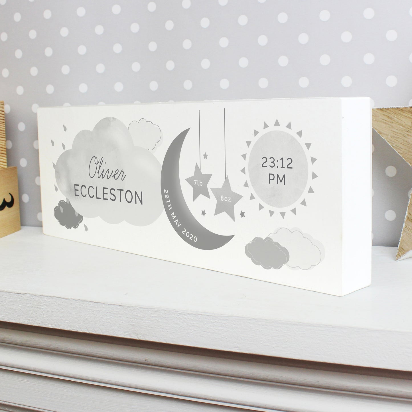 Personalised New Baby Moon & Stars Wooden Mantel Decoration