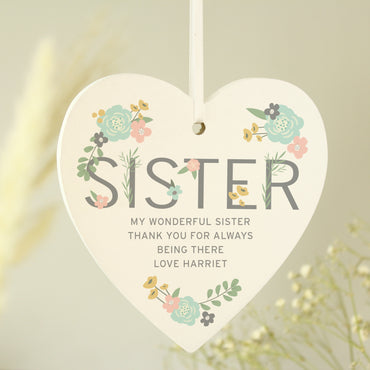 Personalised Sister Floral Wooden Heart Decoration