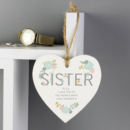 Personalised Sister Floral Wooden Heart Decoration