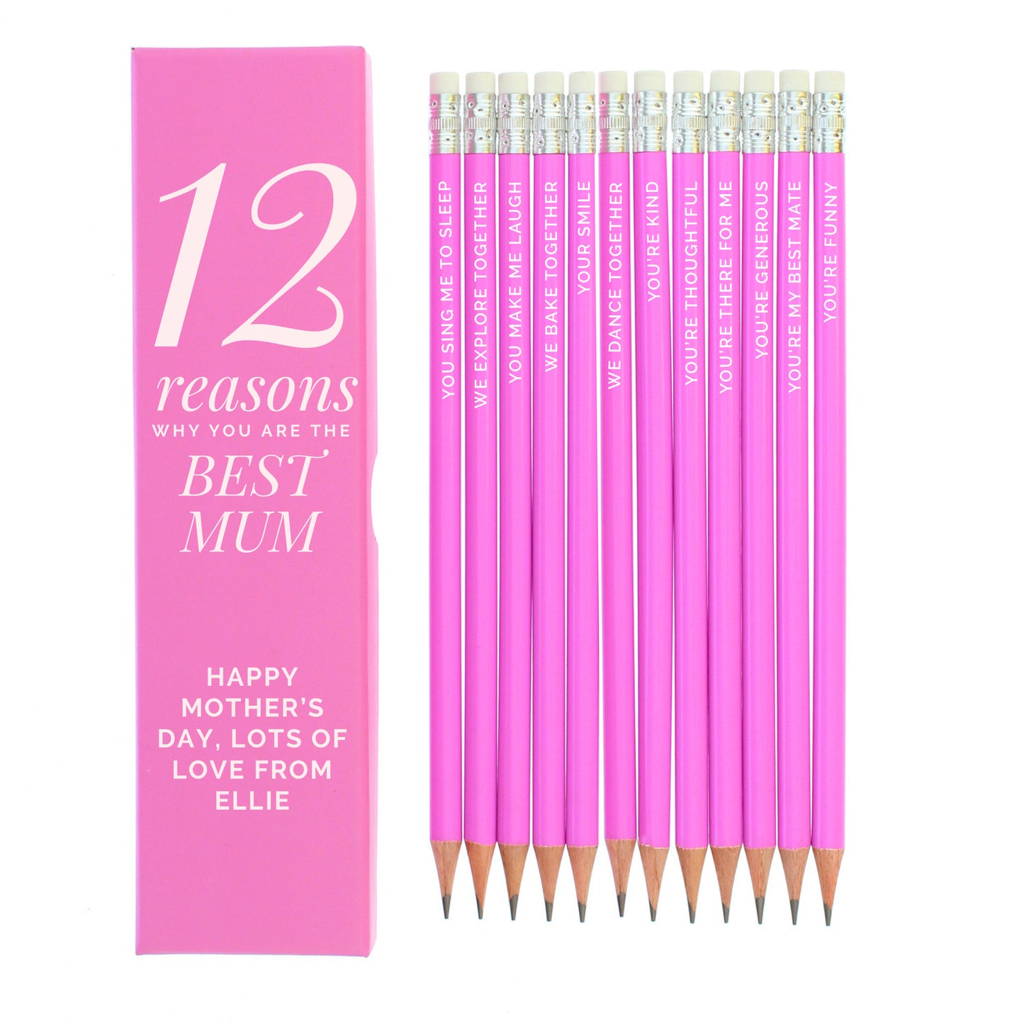 Personalised 12 Reasons Box and 12 Pink HB Pencils