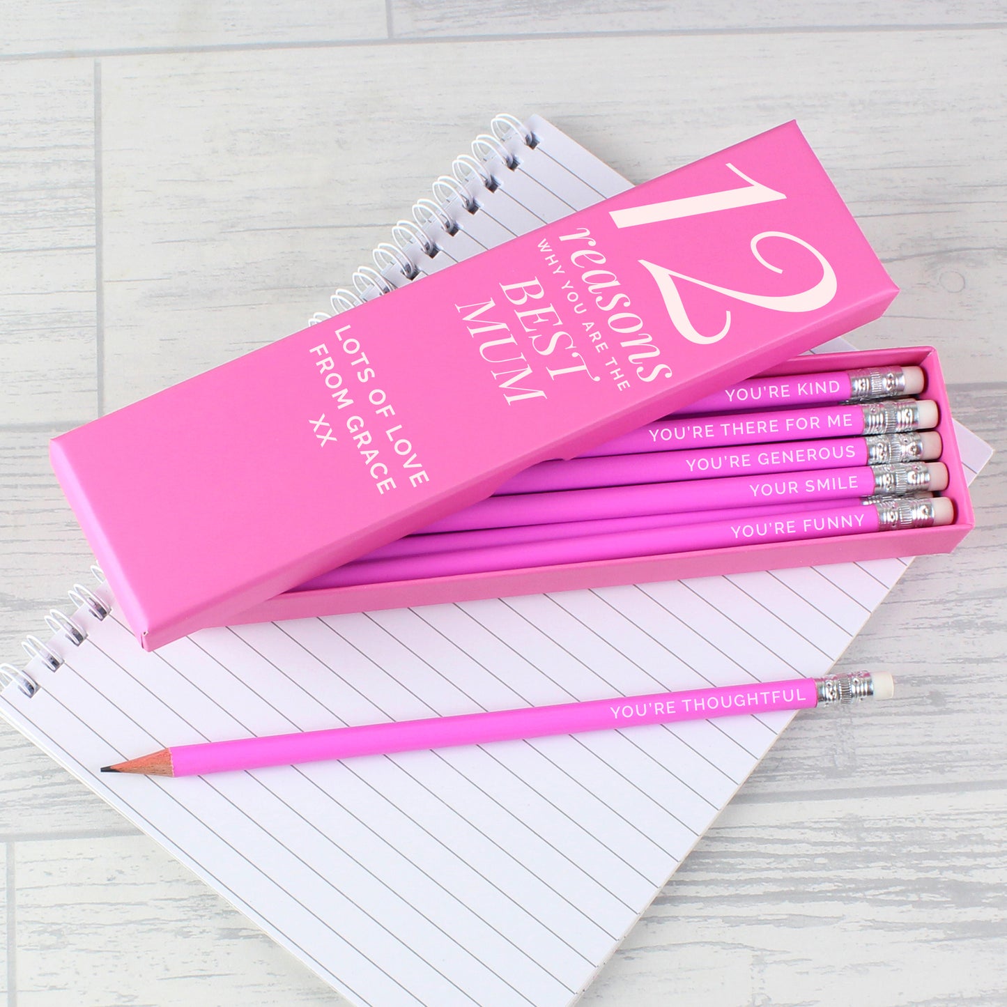 Personalised 12 Reasons Box and 12 Pink HB Pencils