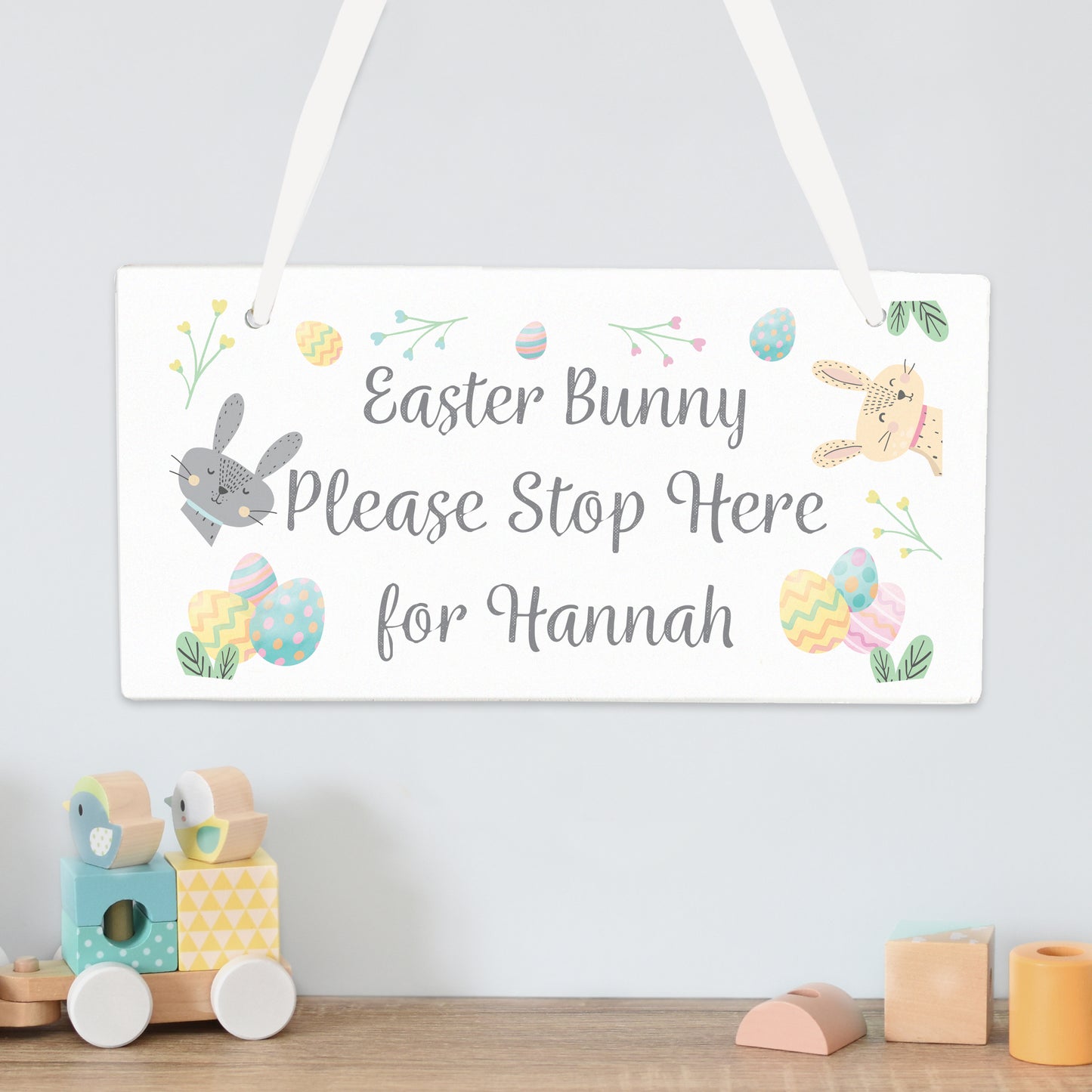 Personalised Easter Bunny Stop Here Wooden Sign