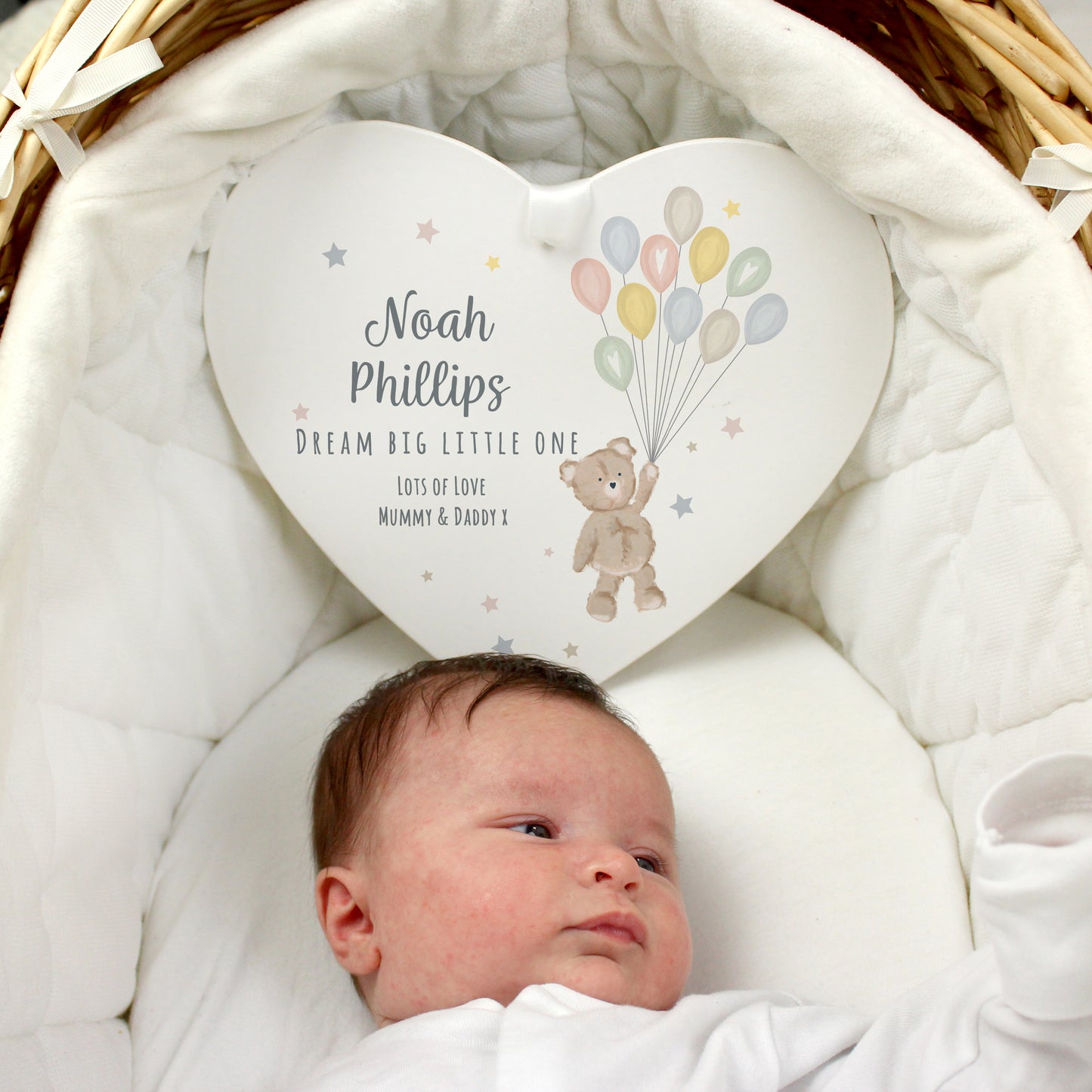 Personalised Teddy & Balloons White Wooden Heart