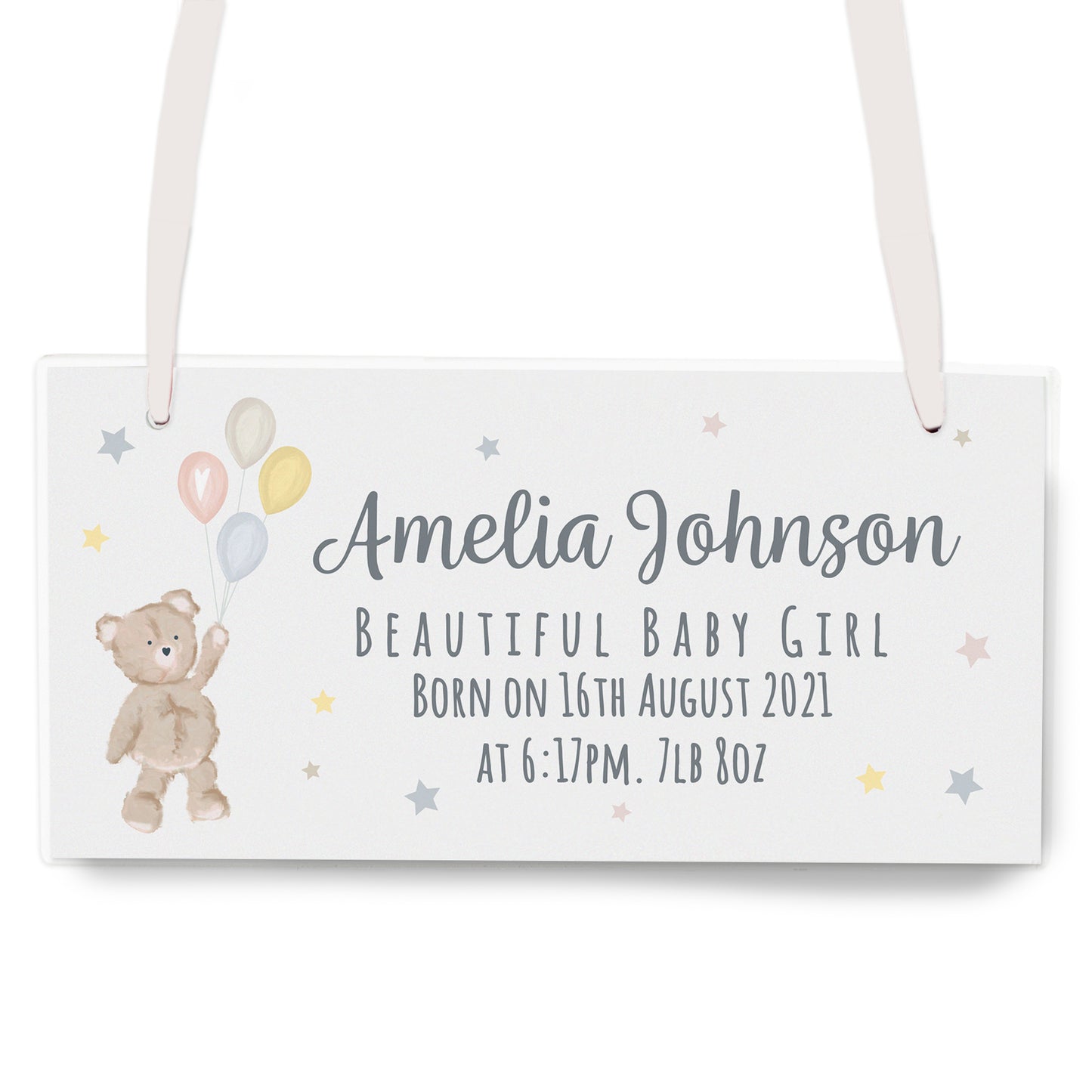 Personalised Teddy & Balloons White Wooden Sign