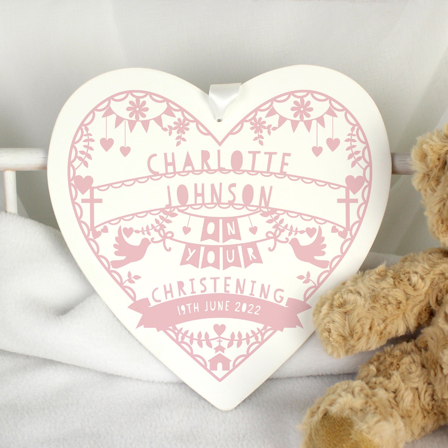 Personalised Pink Papercut Style Large Wooden Heart