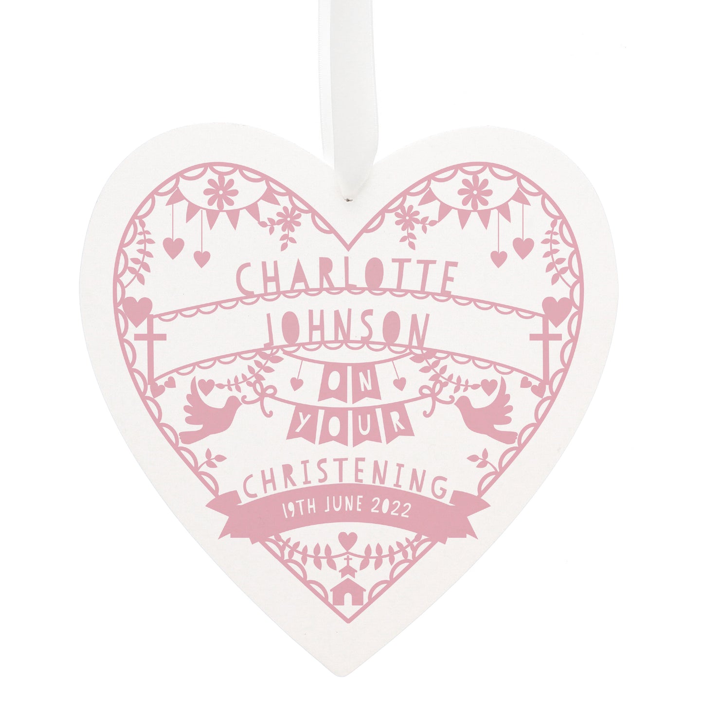 Personalised Pink Papercut Style Large Wooden Heart