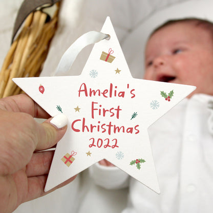 Personalised First Christmas Wooden Star Decoration