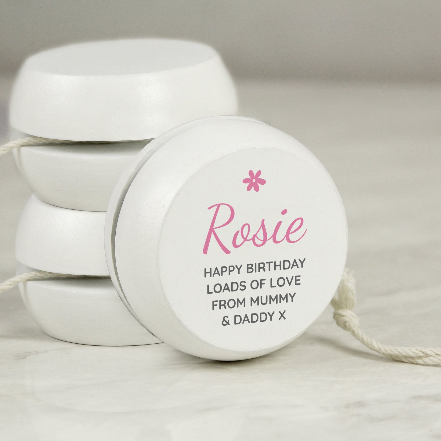 Personalised Pink Flower White Wooden Yoyo