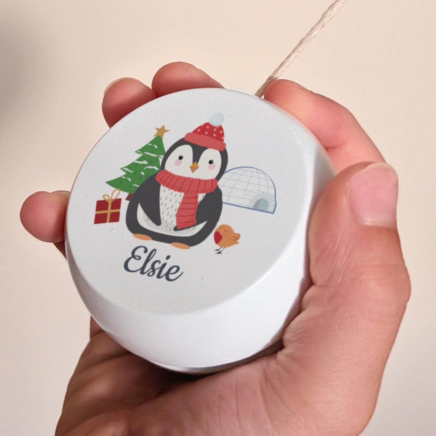 Personalised Christmas Penguin White Wooden Yoyo