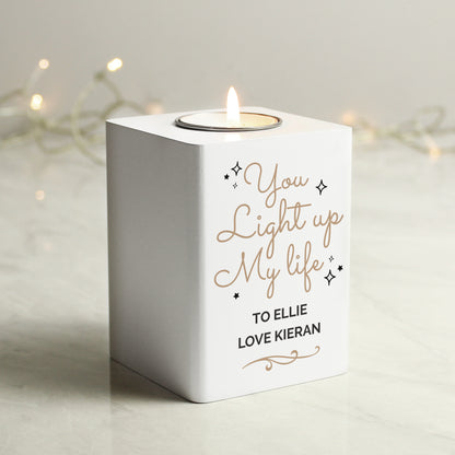 Personalised Light Up My Life White Wooden Tea light Holder