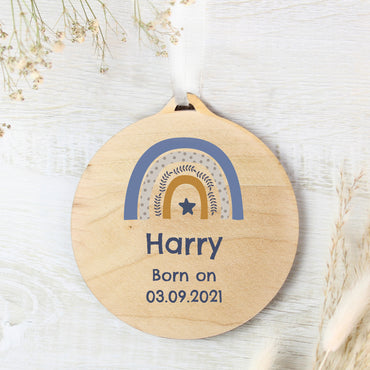 Personalised Blue Rainbow Round Wooden Decoration