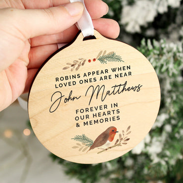 Personalised Robin Memorial Round Wooden Decoration