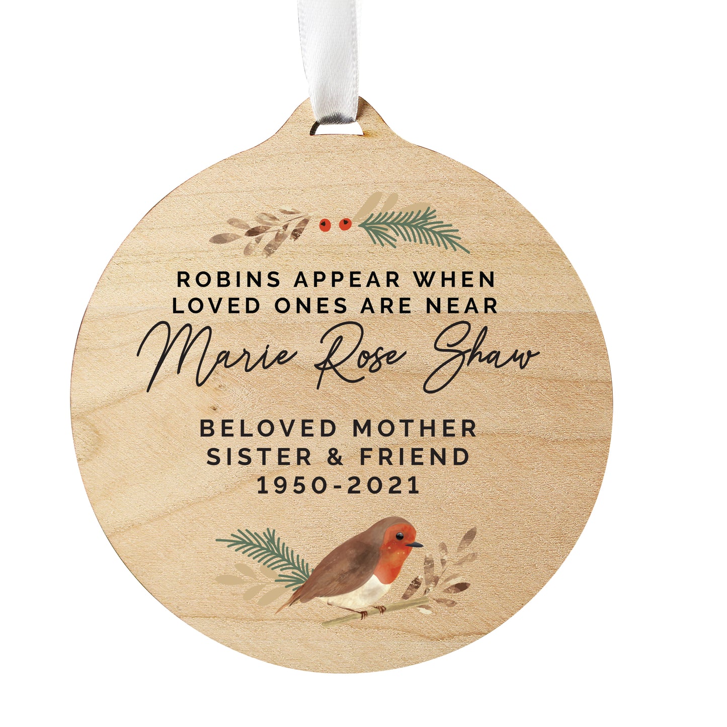 Personalised Robin Memorial Round Wooden Decoration