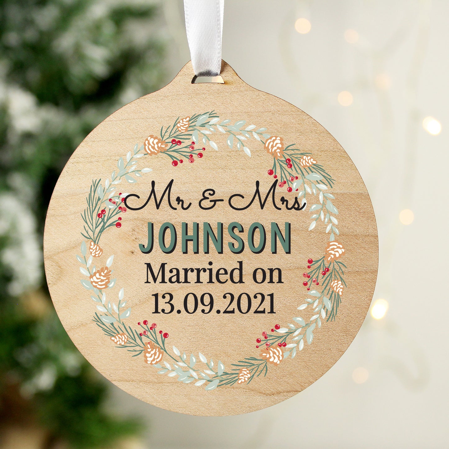 Personalised Wreath Round Wooden Decoration