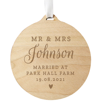 Personalised Mr & Mrs Round Wooden Decoration