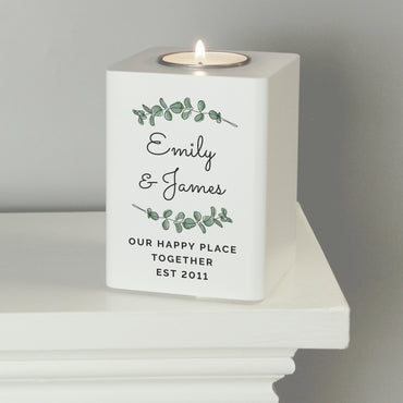 Personalised Botanical White Wooden Tea light Holder