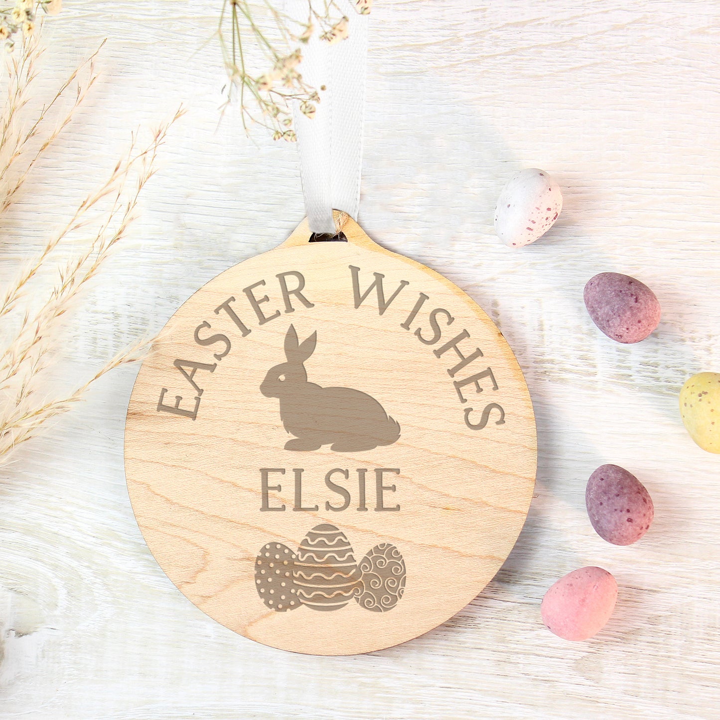 Personalised Easter Bunny Round Wooden Decoration