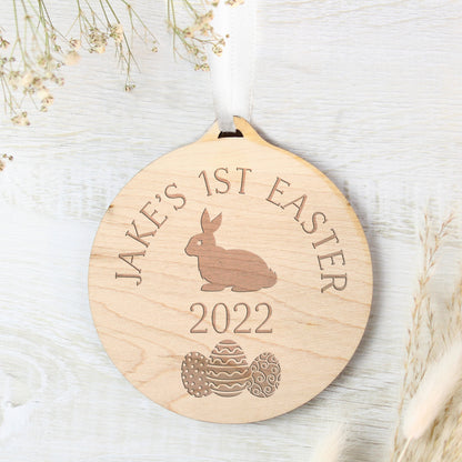 Personalised Easter Bunny Round Wooden Decoration