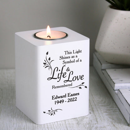 Personalised Life & Love White Wooden Tea Light Holder