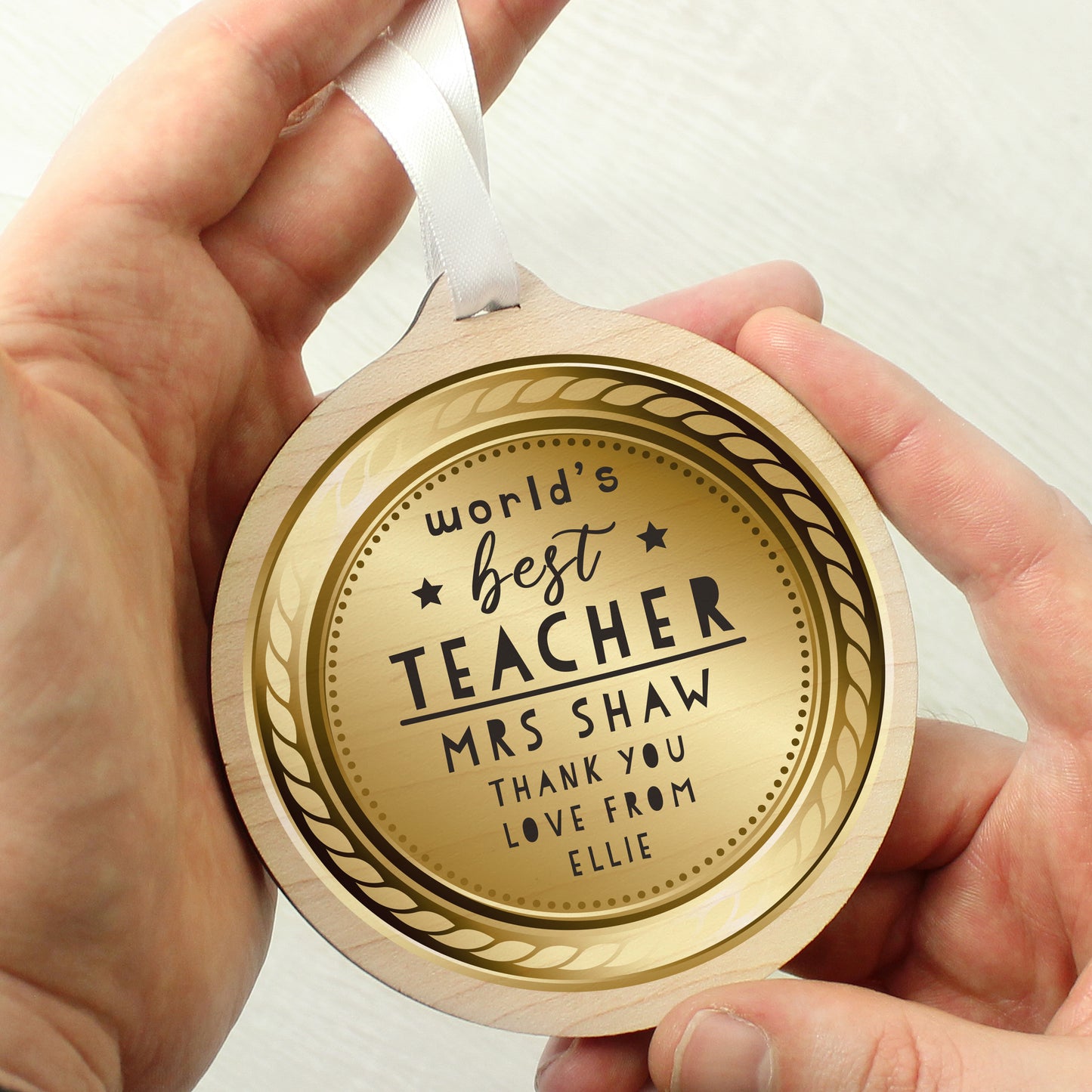 Personalised WorldÂ’s Best Teacher Round Wooden Medal