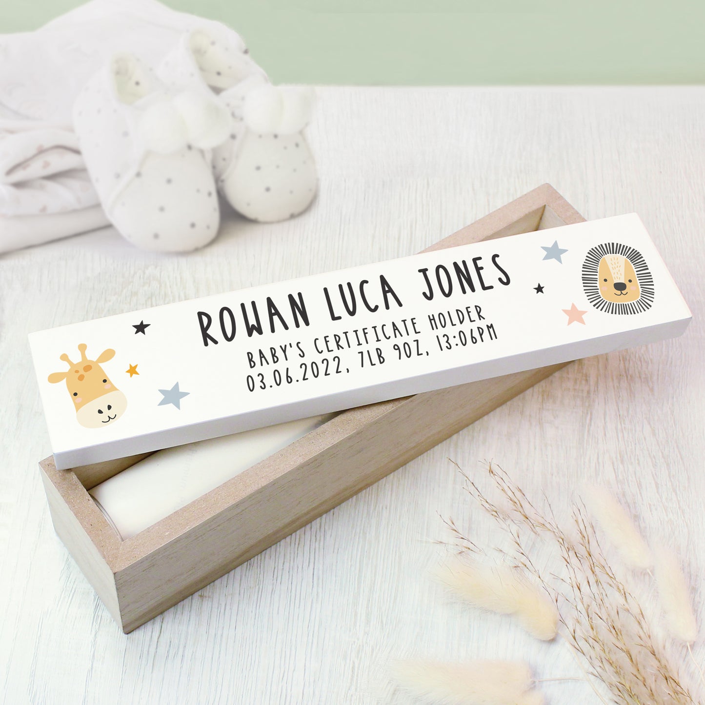 Personalised Scandi Safari Animals Wooden Birth Certificate Holder