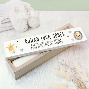 Personalised Scandi Safari Animals Wooden Birth Certificate Holder