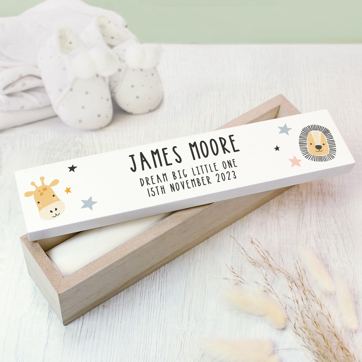 Personalised Scandi Safari Animals Wooden Birth Certificate Holder