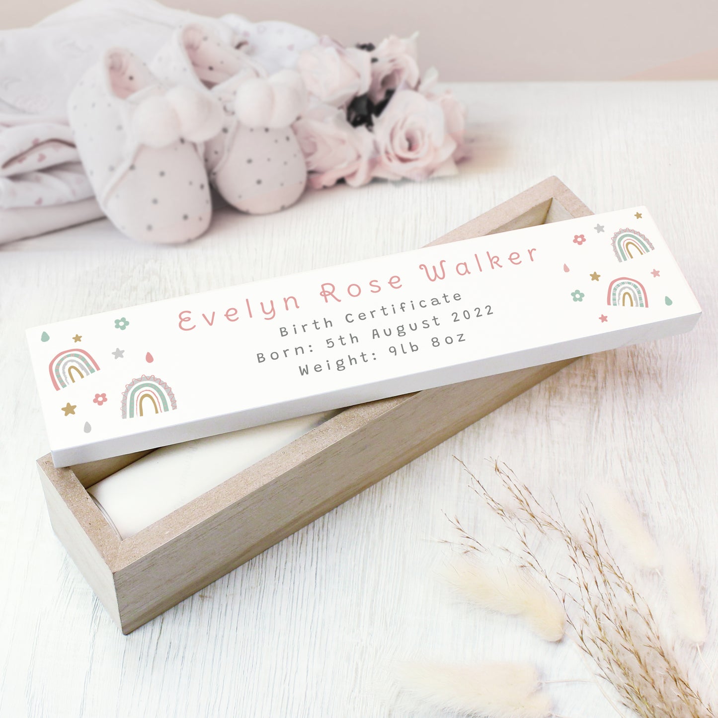 Personalised Rainbow Wooden Birth Certificate Holder