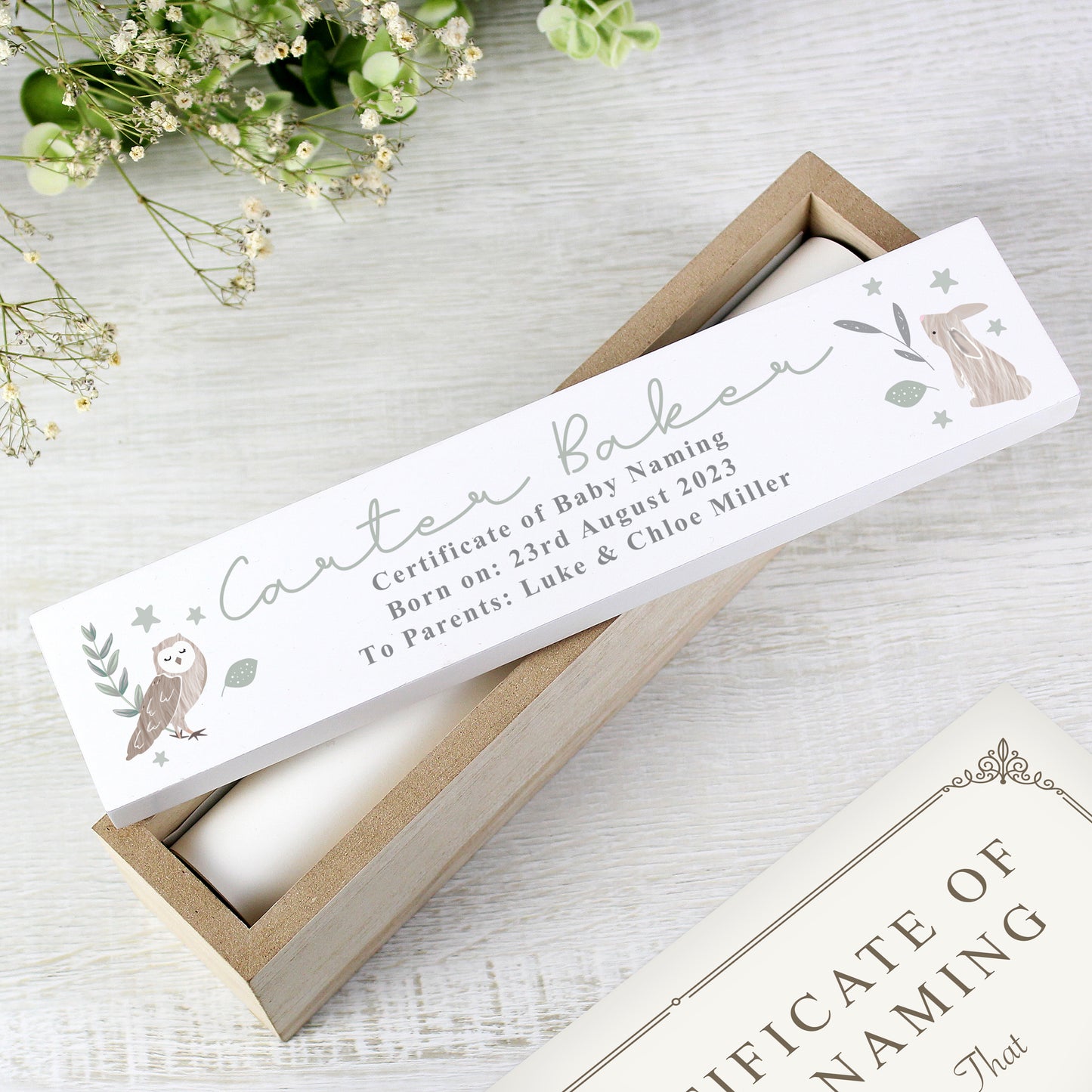 Personalised Woodland Animals Wooden Birth Certificate Holder