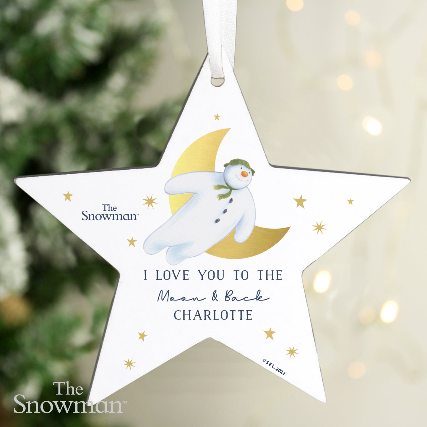 Personalised The Snowman Gold Moon Wooden Star Decoration