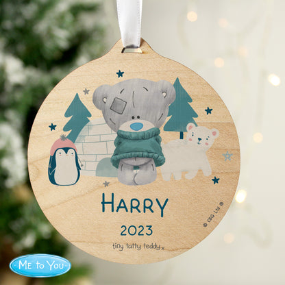 Personalised Winter Explorer Tiny Tatty Teddy Round Wooden Decoration