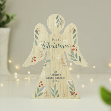 Personalised Christmas Foliage Wooden Angel Ornament