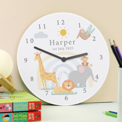 Personalised Safari Animals Wooden Nursery Clock