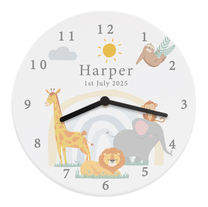 Personalised Safari Animals Wooden Nursery Clock