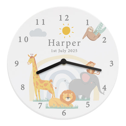 Personalised Safari Animals Wooden Nursery Clock