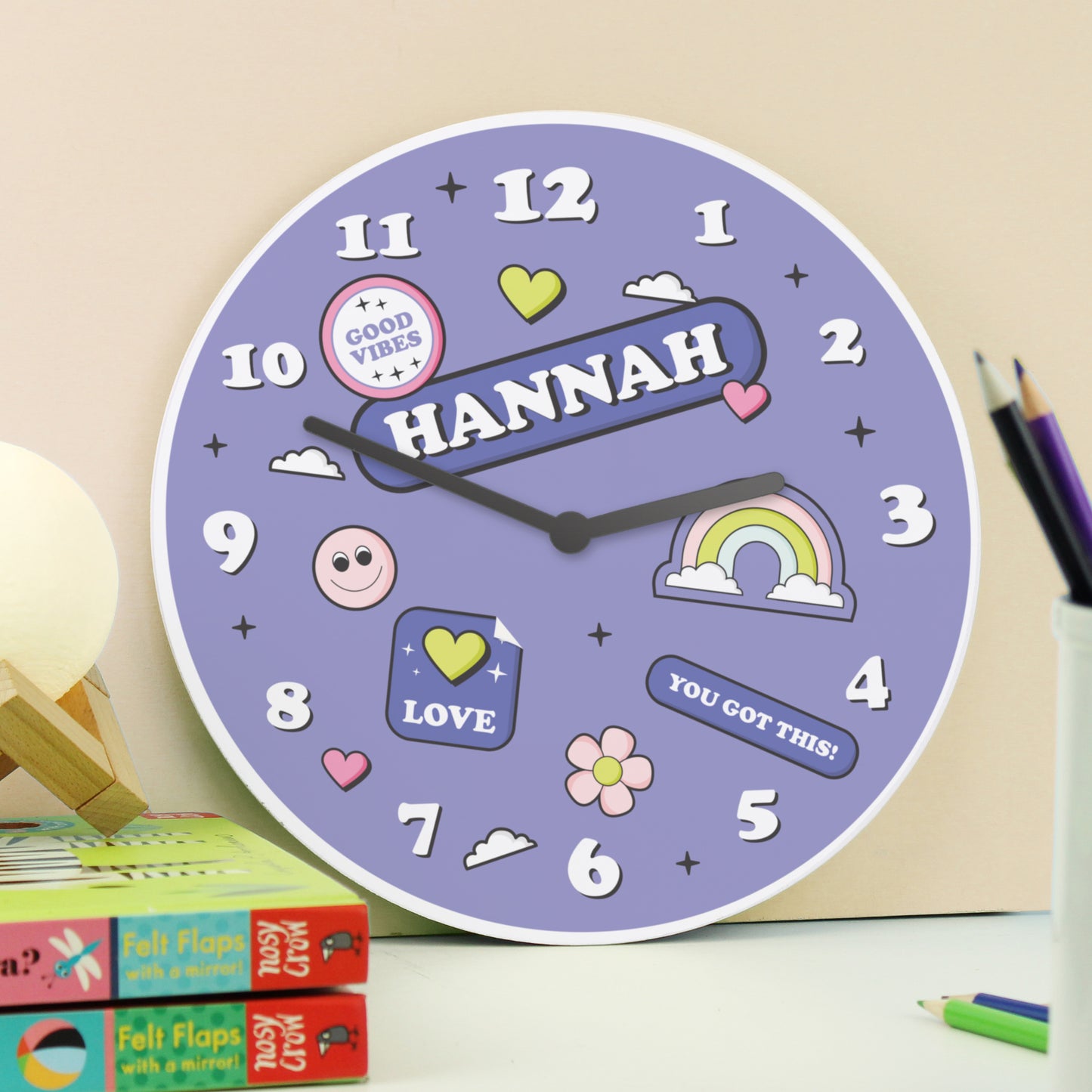 Personalised Positive Vibes Wooden Childrens Clock