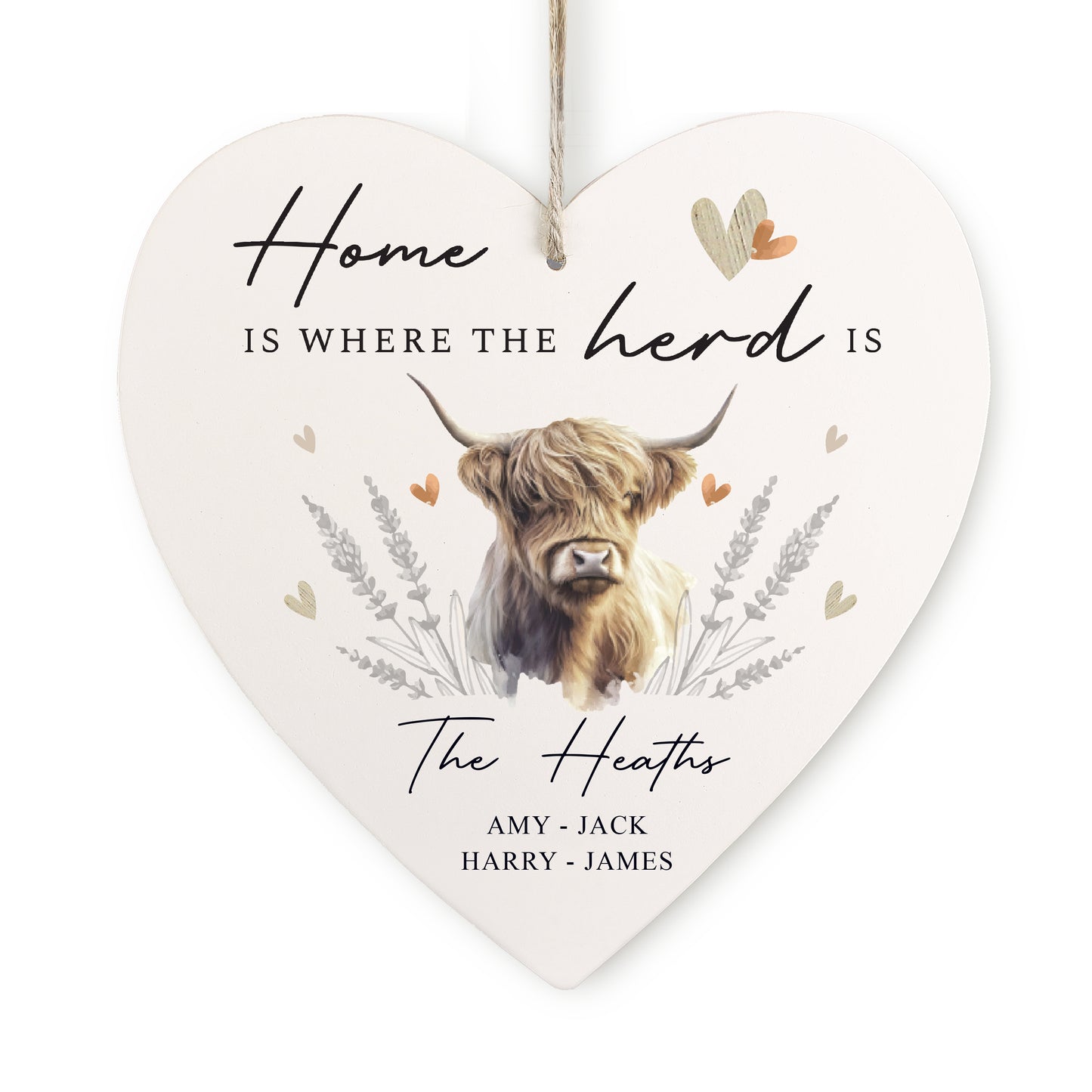 Personalised Highland Cow Hanging Heart Ornament