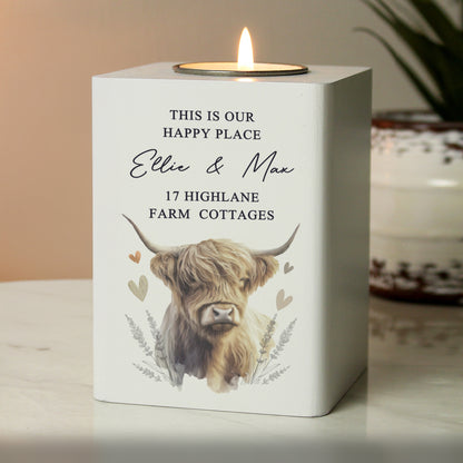 Personalised Highland Cow Wooden Tealight Holder