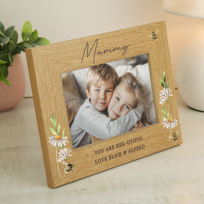 Personalised Floral Bee 6x4 Oak Finish Photo Frame