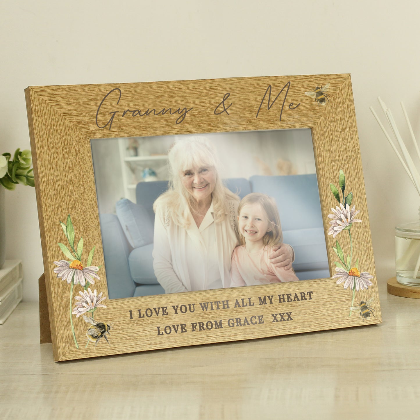 Personalised Floral Bee 6x4 Oak Finish Photo Frame