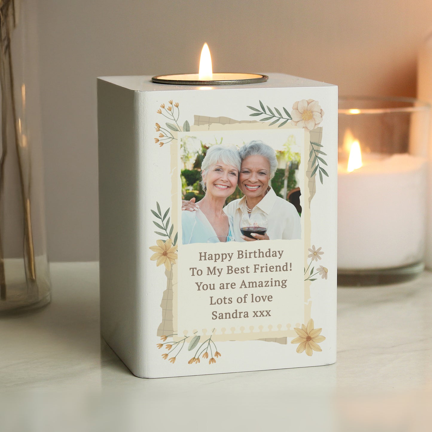 Personalised Wild Flowers Photo Upload Tealight Holder