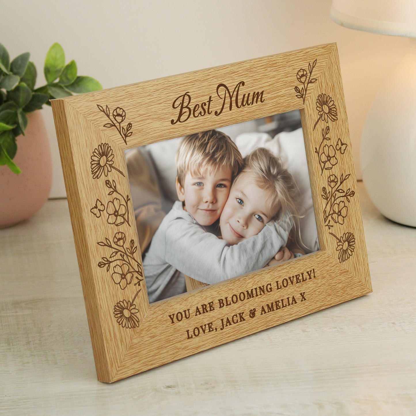 Personalised Wild Flowers 6x4 Oak Finish Photo Frame