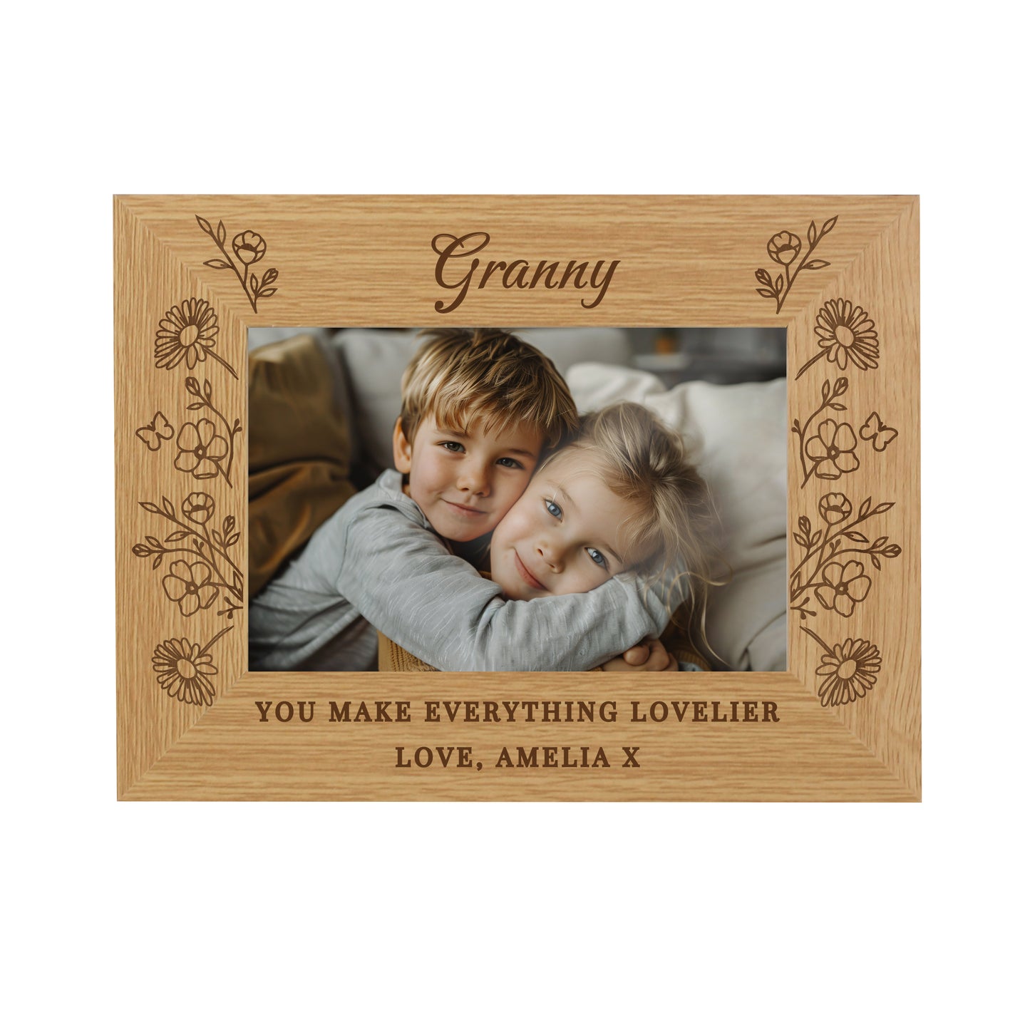 Personalised Wild Flowers 6x4 Oak Finish Photo Frame