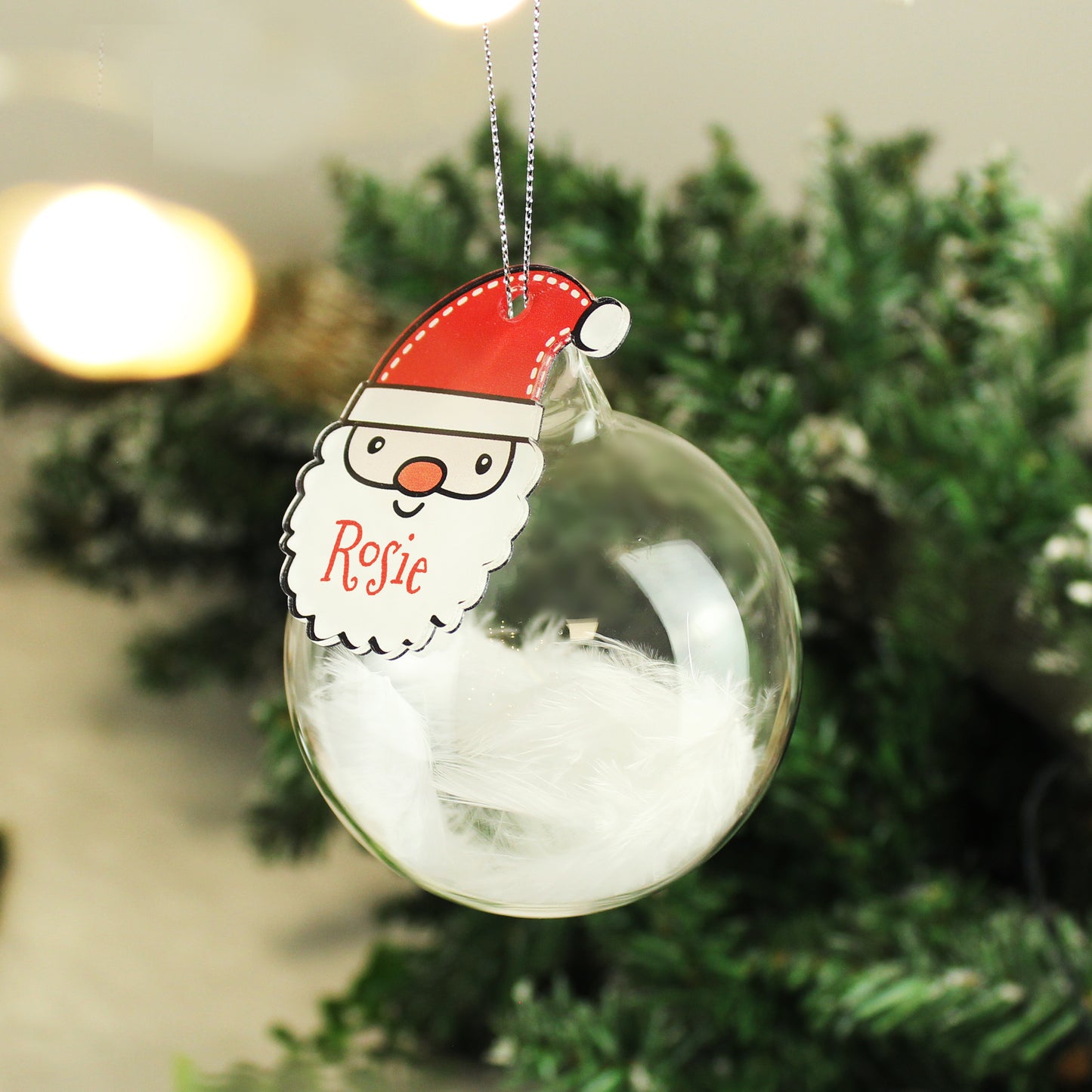 Personalised Red Santa Feather Glass Bauble