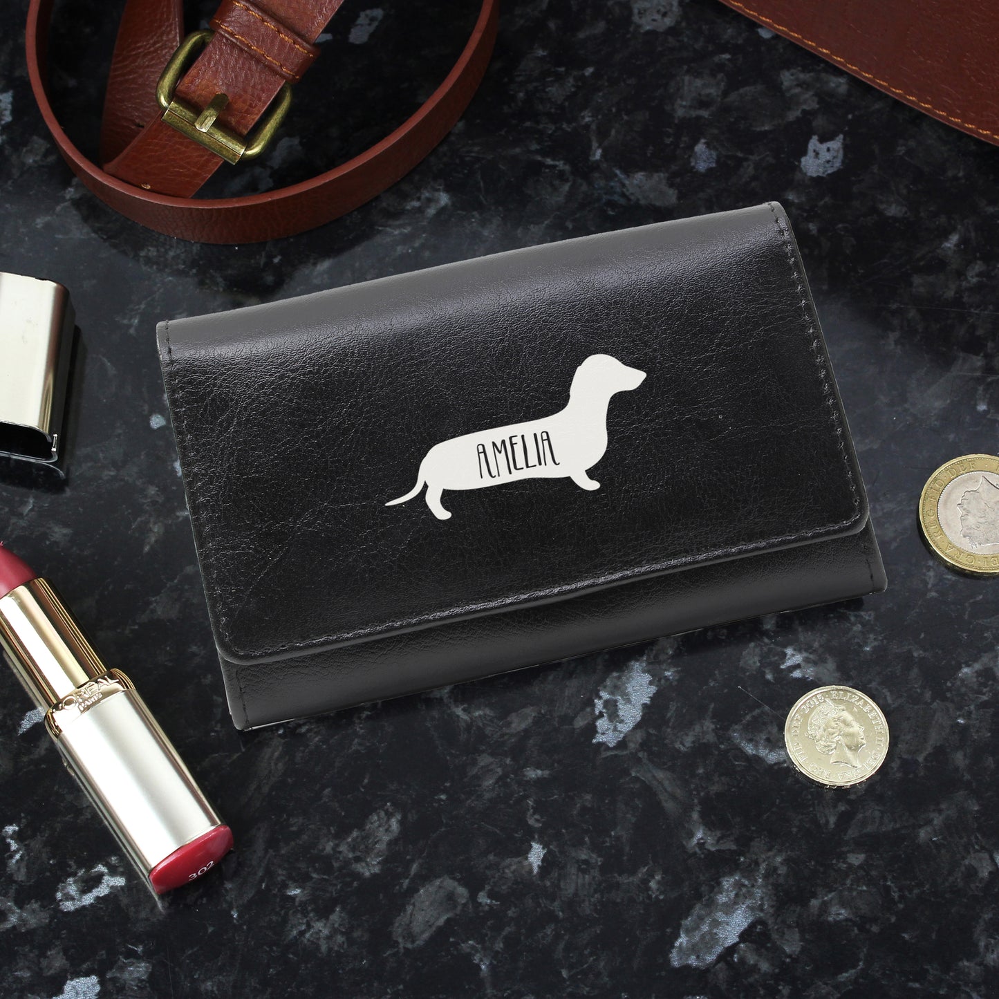 Personalised Sausage Dog Black Purse