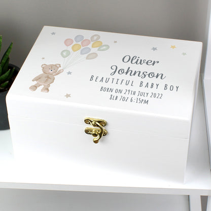 Personalised Teddy & Balloons White Wooden Keepsake Box