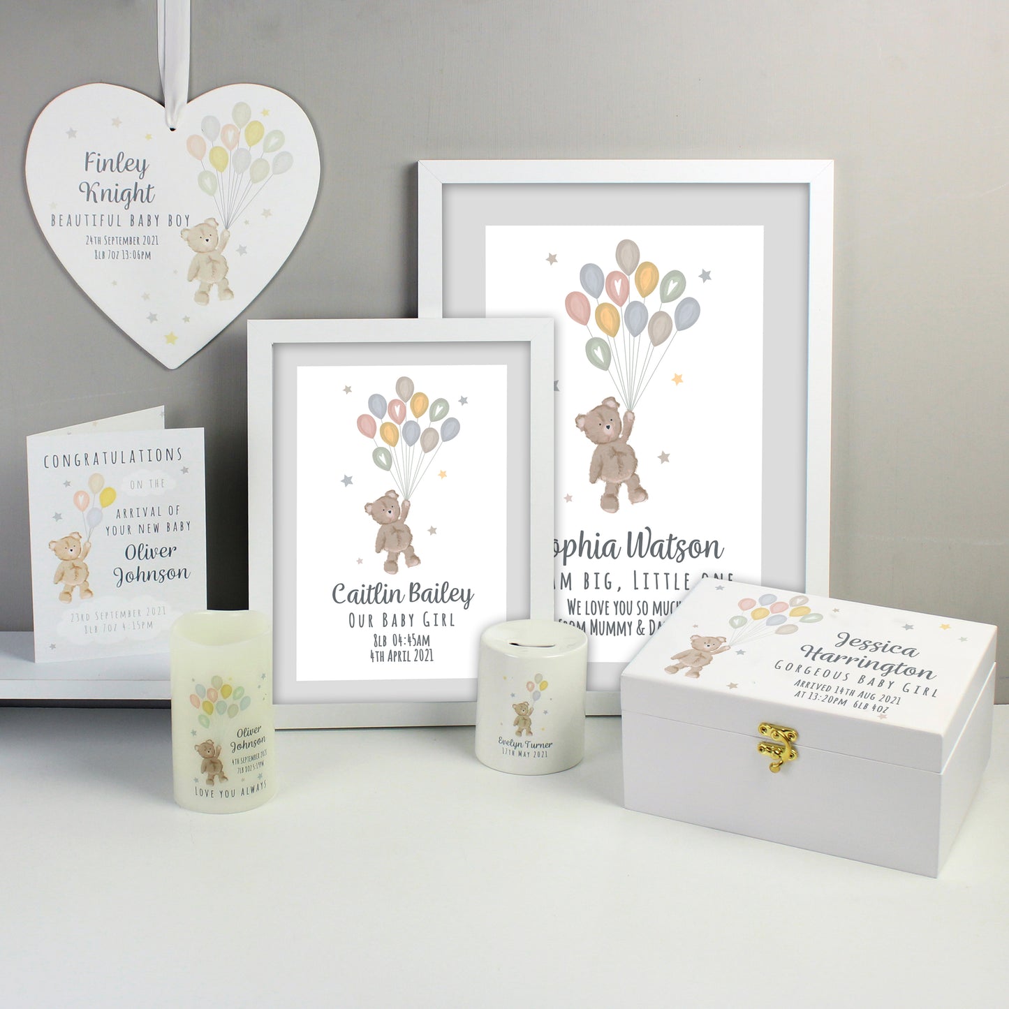 Personalised Teddy & Balloons White Wooden Keepsake Box