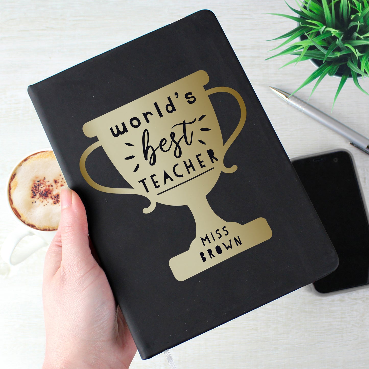 Personalised Worlds Best Teacher Trophy Black Hardback Notebook